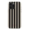 Etui na telefon z pionowymi, naprzemiennymi czarnymi i beżowymi paskami, z widocznym logo "BURGA" w dolnej części. Aparat telefonu ma cztery obiektywy i jest umieszczony w lewym górnym rogu etui.