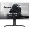 Monitor z wyświetlaczem przedstawiającym futurystyczną postać w hełmie, z widocznymi napisami: "iiyama", "G-Master GB2441HSU", "24” 60.5cm", "IPS", "1920x1080", "144Hz", "1ms" oraz "Black Hawk™".