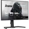 Monitor z czarną ramką i podstawą, na ekranie widoczny jest futurystyczny hełm oraz tekst: "iiyama G-Master GB2441HSU 24" 60.5cm IPS 1920x1080 144Hz 1ms BLACK HAWK".