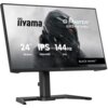 Monitor z logo "iiyama" i napisami: "G-Master GB2441HSU", "24” 60.5cm", "IPS", "1920x1080", "144Hz", "1ms", oraz "Black Hawk". Na ekranie widoczna jest grafika przedstawiająca futurystyczną postać w hełmie.