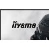 Na zdjęciu widoczne jest logo "iiyama" na tle o jasnej, teksturowanej powierzchni. Po prawej stronie znajduje się fragment ciemnego, futurystycznego hełmu.