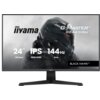 Monitor z wyświetlaczem przedstawiającym grafikę futurystycznego hełmu, z widocznymi napisami: "iiyama", "G-Master G2441HSU", "24” 60.5cm", "IPS 1920x1080", "144Hz", "1ms", oraz "Black Hawk".