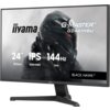 Monitor z logo "iiyama" i nazwą modelu "G-Master G2441HSU" na ekranie, z grafiką przedstawiającą postać w hełmie. Widoczne specyfikacje to: "24” 60.5cm", "IPS", "1920x1080", "144Hz", "1ms", oraz napis "BLACK HAWK™".