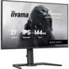 Monitor z logo "iiyama" i nazwą modelu "G-Master GB2741HSU" wyświetla grafikę z postacią w hełmie, a na ekranie widnieją napisy: "27” 68.5cm", "IPS", "1920x1080", "144Hz", "1ms" oraz "BLACK HAWK™".