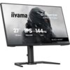 Monitor z czarną ramką i podstawą, na ekranie widoczna jest grafika futurystycznego hełmu oraz tekst: "iiyama G-Master GB2741HSU, 27" 68.5cm, IPS, 1920x1080, 144Hz, 1ms, BLACK HAWK™".