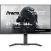 Monitor z widocznym logo "iiyama" oraz napisami: "G-Master GB2741QSU", "27” 68.5cm", "IPS", "2560x1440", "144Hz", "1ms", "NVIDIA G-SYNC Compatible", "Black Hawk". Na ekranie znajduje się grafika przedstawiająca futurystyczny hełm.