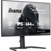 Monitor marki iiyama z serii G-Master, model GB2741QSU-B1, o przekątnej 27 cali, rozdzielczości 2560x1440 pikseli, technologii IPS, częstotliwości odświeżania 144 Hz i czasie reakcji 1 ms, z logo NVIDIA G-SYNC Compatible oraz nazwą "BLACK HAWK". Na ekranie widoczna jest grafika przedstawiająca postać w futurystycznym hełmie.