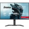 Monitor z logo "iiyama" i napisem "G-Master GB2771QSU" na ekranie, z grafiką przedstawiającą futurystyczny hełm. Widoczne specyfikacje: "27” 68.5cm", "FAST IPS", "2560x1440", "200Hz", "0.5ms", "NVIDIA G-SYNC COMPATIBLE", oraz "RED EAGLE™".