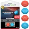 Opakowanie produktu z napisem "KONTROLFREEK NO-SLIP THUMB GRIPS GALAXY EDITION" oraz informacją o kompatybilności z "SWITCH 2 JOY-CON & SWITCH 1+2 PRO CONTROLLERS". Widoczne są cztery nakładki na analogi w kolorach czerwonym i niebieskim, a na dole opakowania znajduje się napis "MADE IN THE USA".