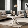 Okrągły stolik kawowy o nowoczesnym, skandynawskim designie stoi na jasnym dywanie w eleganckim salonie z dwoma sofami i lampą podłogową. Na stoliku znajduje się czarna taca z filiżanką i małą rośliną.