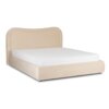 Na zdjęciu znajduje się kremowe, welurowe łóżko tapicerowane o wymiarach 160x200 cm, przeznaczone do sypialni. Łóżko ma zaokrąglone wezgłowie i prostą, elegancką konstrukcję.