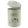 Metalowy, zielony kompostownik kuchenny z otwartą pokrywką, na której znajduje się uchwyt i otwory wentylacyjne. Na przedniej części pojemnika widnieje napis "KOMPOST" oraz ilustracje resztek jedzenia, takich jak obierki i warzywa.