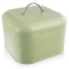 Zielony, metalowy chlebak o wymiarach 20x20x17 cm z zaokrąglonymi krawędziami i metalowym uchwytem na pokrywie. Produkt ma gładką powierzchnię i jednolity kolor.