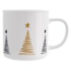 Biały kubek ceramiczny o pojemności 500 ml ozdobiony jest wzorem choinek w kolorach złotym i czarnym, z gwiazdkami na szczycie. Kubek ma klasyczny kształt z dużym uchem.