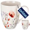 Porcelanowy kubek o pojemności 360 ml ozdobiony jest kolorowym wzorem z motywem maków i innych kwiatów. Na uchwycie kubka zawieszona jest etykieta z napisem "orion".