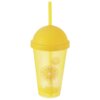 Żółty plastikowy kubek z pokrywką i słomką o pojemności 450 ml, ozdobiony grafiką cytryny i napisem "Fresh".
