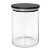 Szklany pojemnik na produkty sypkie o pojemności 600 ml, z czarną pokrywką i uszczelką, widoczny na białym tle. Pojemnik ma prosty, cylindryczny kształt.