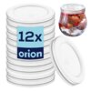 Stos białych pokrywek do słoików z widoczną etykietą "12x orion" oraz słoik z deserem w środku.