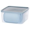 Na zdjęciu znajduje się przezroczysty pojemnik na żywność z niebieską pokrywką. Pojemnik ma prostokątny kształt i gładkie, zaokrąglone krawędzie.
