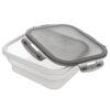 Silikonowy pojemnik na żywność o pojemności 1 litra z szarą pokrywką i uszczelką, umożliwiający składanie. Pokrywka posiada uchwyty ułatwiające zamykanie.