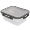 Silikonowy pojemnik na żywność o pojemności 1 litra z szarą pokrywką i uszczelką, posiadający zatrzaski po bokach. Pojemnik jest składany, co ułatwia jego przechowywanie.