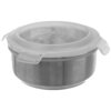 Okrągły pojemnik na żywność wykonany ze stali nierdzewnej z przezroczystą pokrywką i uszczelką, o pojemności 1,2 litra. Pokrywka posiada zatrzaski umożliwiające szczelne zamknięcie.