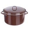 Brązowy garnek emaliowany z pokrywką, o średnicy 32 cm, z dwoma uchwytami po bokach. Powierzchnia garnka i pokrywki jest gładka i błyszcząca.