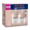 Opakowanie zawiera dwie butelki LOVI Mammafeel 150 ml, z widocznym napisem "BEST DEAL 2 bottles. Better price." oraz oznaczeniem "0m+". Na opakowaniu znajduje się również tekst: "The soft ring feels skin-close. Pierścień delikatny, podobnie jak skóra."