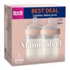 Opakowanie zawiera dwie butelki LOVI Mammafeel 250 ml z napisem "BEST DEAL 2 bottles. Better price." oraz oznaczeniem "3m+ SLOW WOLNY". Na opakowaniu widnieje również tekst: "The soft ring feels skin-close Pierścień delikatny, podobnie jak skóra".