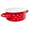 Czerwony garnek emaliowany z białymi grochami, o pojemności 600 ml i średnicy 12 cm, posiada dwa uchwyty po bokach. Wnętrze garnka jest białe.
