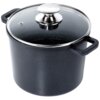 Czarny garnek granitowy o pojemności 4,2 litra z dwoma uchwytami, wyposażony w szklaną pokrywkę z metalowym uchwytem. Pokrywka ma metalowy rant i otwór na parę.