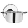 Stalowy garnek o pojemności 3 litrów i średnicy 20 cm z czarnymi uchwytami, wyposażony w szklaną pokrywkę z czarnym uchwytem. Powierzchnia garnka jest błyszcząca, a na jego boku widoczny jest czarny, pionowy pasek.