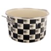 Emaliowany garnek o pojemności 6,5 litra i średnicy 26 cm, ozdobiony wzorem w czarno-białą szachownicę. Posiada metalowe uchwyty i srebrną krawędź.