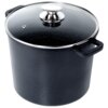 Na zdjęciu znajduje się wysoki, granitowy garnek o pojemności 7,6 litra z czarną, szklaną pokrywką i metalowym uchwytem. Garnek ma dwa uchwyty po bokach i gładką, ciemną powierzchnię.