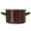 Brązowy garnek emaliowany o pojemności 1,4 litra i średnicy 16 cm, z dwoma uchwytami po bokach oraz metalową pokrywką. Powierzchnia garnka jest gładka i błyszcząca.