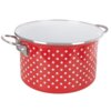 Czerwony garnek emaliowany z białymi kropkami, o pojemności 4 litrów i średnicy 22 cm, posiada dwa metalowe uchwyty oraz metalowy rant. Wnętrze garnka jest białe.