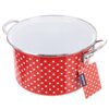 Czerwony garnek emaliowany w białe kropki z metalowymi uchwytami, posiada przyczepioną etykietę z napisem "orion". Wnętrze garnka jest białe.