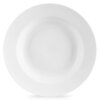 Biały, porcelanowy talerz obiadowy o głębokim kształcie, z gładką powierzchnią i szerokim rantem. Produkt ma średnicę 24,5 cm i pojemność 350 ml.