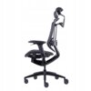Czarny, ergonomiczny fotel biurowy obrotowy z regulowanym zagłówkiem i podłokietnikami, posiada siatkowe oparcie oraz pięcioramienną podstawę z kółkami. Konstrukcja fotela jest nowoczesna i zapewnia wsparcie dla pleców.