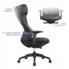 Na zdjęciu znajduje się biurowy fotel ergonomiczny w kolorze szarym, wykonany z eko-skóry, z widocznymi czterema stopniami nachylenia oraz modułem adaptacyjnym umożliwiającym 10-stopniową zmianę nachylenia. Obok fotela znajduje się schemat z napisem "blokada odchylenia oparcia".