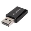 Czarny adapter USB z logo "Lanberg" na obudowie, posiada metalową wtyczkę USB-A. Produkt jest kompaktowy i ma gładką, błyszczącą powierzchnię.