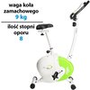 Rower magnetyczny HMS M9239 z białą ramą i zielonymi akcentami, wyposażony w czarne siodełko i uchwyty. Na zdjęciu widoczny jest tekst: "waga koła zamachowego 9 kg, ilość stopni oporu 8".