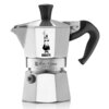 Srebrno-czarna kawiarka z logo Bialetti i rysunkiem postaci, z napisem "Moka Express Made in Italy" na dolnej części. Produkt ma charakterystyczny ośmiokątny kształt i czarny uchwyt.