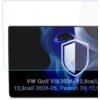 Przezroczysta folia ochronna na ekran z matowym wykończeniem, na tle którego widoczna jest grafika z niebieskimi i fioletowymi elementami oraz białą tarczą. Na dole znajduje się tekst: "VW Golf VIII 2024-12,9cali, 12,9cali 2024-25, Passat B9 12,9cali".