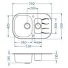 Schemat zlewozmywaka z dwoma komorami, z wymiarami: 760 mm szerokości, 500 mm głębokości, 420 mm i 300 mm dla poszczególnych komór, oraz głębokościami 185 mm i 130 mm. Widoczne są także dodatkowe wymiary: 209 mm, 340 mm, 148 mm i 528 mm.