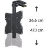 Czarny uchwyt do telewizora z regulacją wysokości od 26,6 cm do 47,1 cm, z widocznymi otworami montażowymi. Obok uchwytu znajdują się strzałki wskazujące kierunek regulacji oraz podane wymiary.