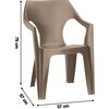Plastikowe krzesło w kolorze cappuccino z podłokietnikami, o wymiarach 79 cm wysokości, 57 cm szerokości i 57 cm głębokości. Krzesło ma prosty, nowoczesny design z otworami w oparciu.