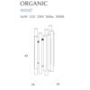 Ilustracja przedstawia kinkiet ścienny dekoracyjny złożony z kilku pionowych, złotych tub. Widoczny tekst to: 'ORGANIC W0187 8x1W LED 230V 360lm 3000K', a poniżej znajdują się wymiary: '43', '10', '19'.