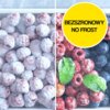 Na zdjęciu widoczne są dwie sekcje zamrożonych owoców: po lewej stronie pokryte szronem, a po prawej stronie bez szronu, z liśćmi mięty. W prawym górnym rogu znajduje się żółte koło z napisem "BEZSZRONOWY NO FROST".