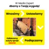 Na zdjęciu znajduje się grafika promocyjna Media Expert z napisem: "W Media Expert dbamy o Twoją wygodę! Wnosimy > Ustawiamy > Podłączamy. Odbieramy zużyty sprzęt GRATIS!" oraz zdjęcie dwóch osób wnoszących dużą kartonową paczkę po schodach.